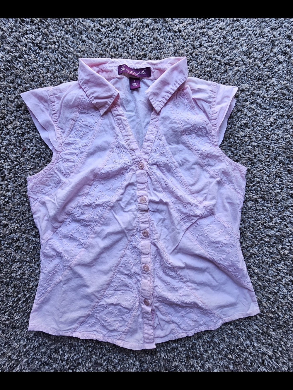 Avenue Pink Embroidered Cap-Sleeve Button Front Top